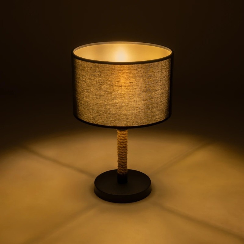 GloboStar® STRING 204-0072 Μοντέρνο Eπιτραπέζιο Φωτιστικό Μονόφωτο 1 x E27 IP20 Μαύρο Mέταλλο & Μπεζ Σχοινί με Μαύρο Ύφασμα - Μ24 x Π24 x Υ37cm