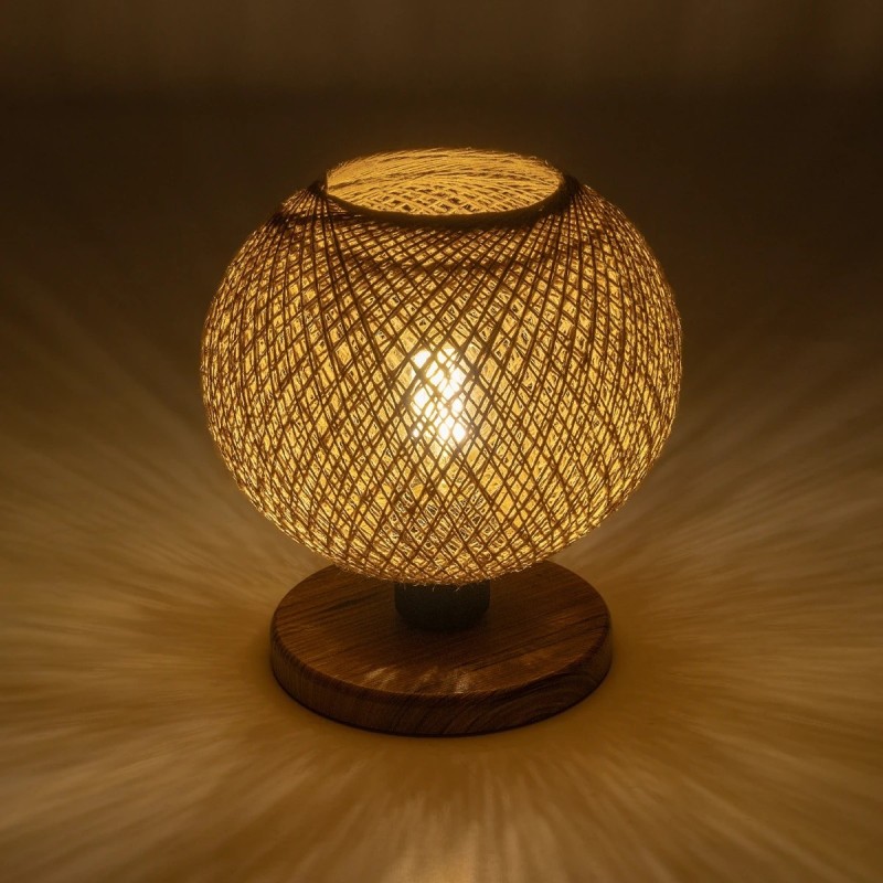 GloboStar® BOWL 204-0087 Μοντέρνο Eπιτραπέζιο Φωτιστικό Μονόφωτο 1 x E27 IP20 Καφέ Ξύλο με Μπεζ Σνοινί - Μ19 x Π19 x Υ22cm