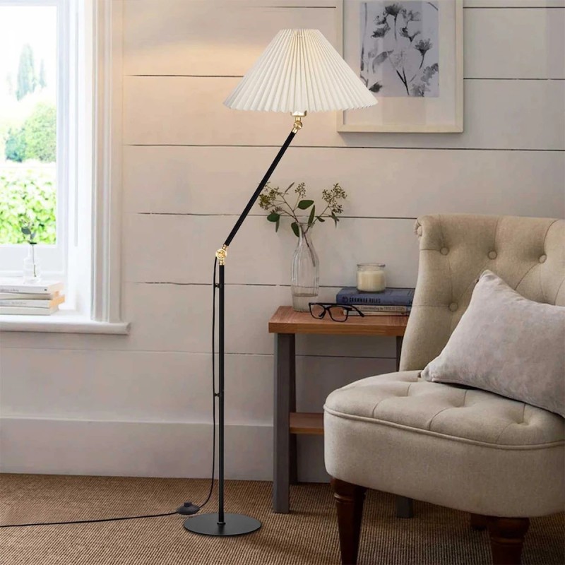 GloboStar® FLY 204-0127 Μοντέρνο Eπιδαπέδιο Φωτιστικό Μονόφωτο 1 x E27 IP20 Μαύρο & Χρυσό Μέταλλο με Μπεζ Ύφασμα - Μ38 x Π38 x Υ155cm