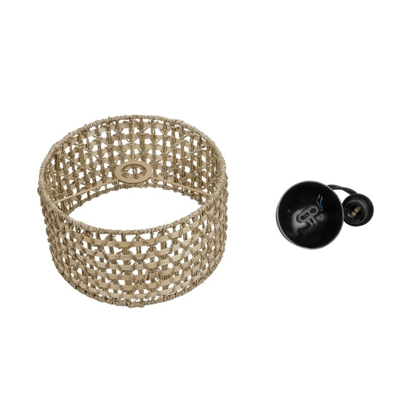 GloboStar® POMEGRANDE 204-0158 Boho Κρεμαστό Φωτιστικό Kαπέλο Μονόφωτο 1 x E27 IP20 Μπεζ Rattan με Καφέ Ξυλο - Μ30 x Π30 x Υ16cm