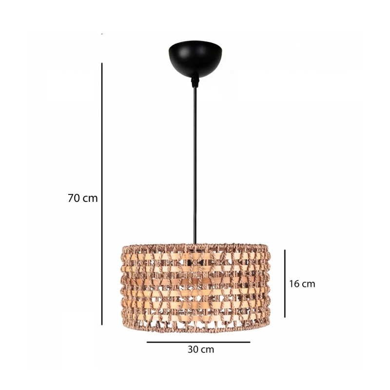 GloboStar® POMEGRANDE 204-0158 Boho Κρεμαστό Φωτιστικό Kαπέλο Μονόφωτο 1 x E27 IP20 Μπεζ Rattan με Καφέ Ξυλο - Μ30 x Π30 x Υ16cm