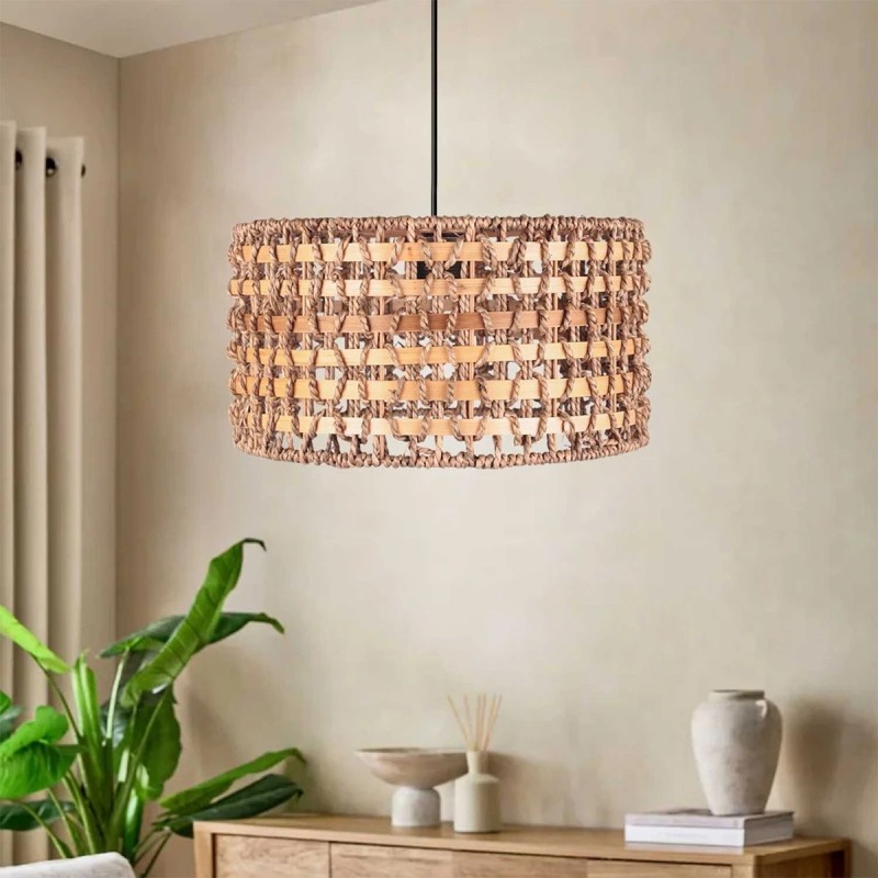 GloboStar® POMEGRANDE 204-0158 Boho Κρεμαστό Φωτιστικό Kαπέλο Μονόφωτο 1 x E27 IP20 Μπεζ Rattan με Καφέ Ξυλο - Μ30 x Π30 x Υ16cm