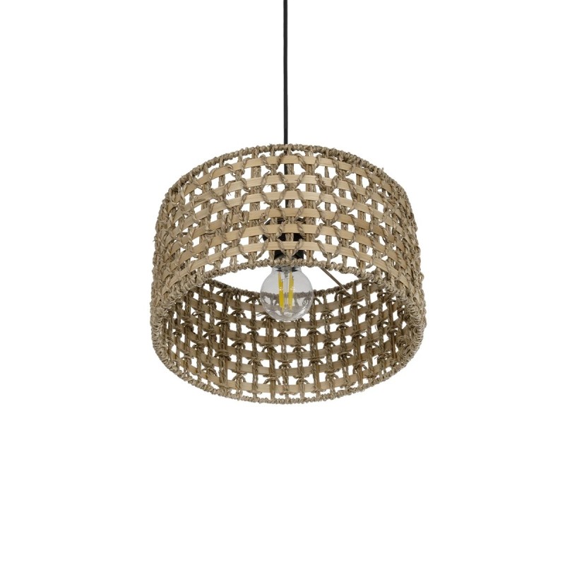 GloboStar® POMEGRANDE 204-0158 Boho Κρεμαστό Φωτιστικό Kαπέλο Μονόφωτο 1 x E27 IP20 Μπεζ Rattan με Καφέ Ξυλο - Μ30 x Π30 x Υ16cm