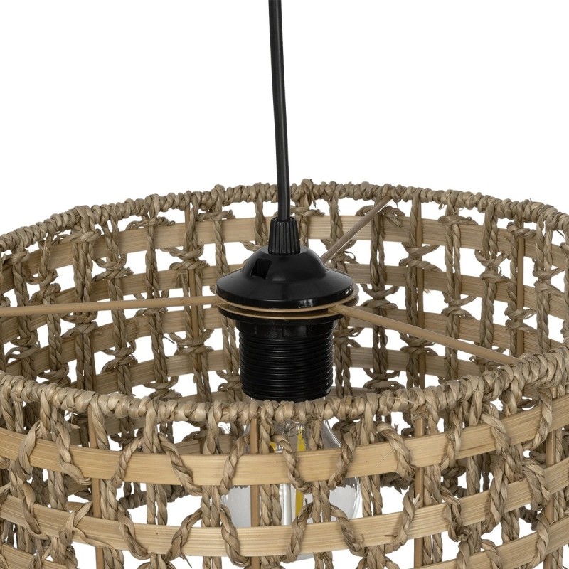 GloboStar® POMEGRANDE 204-0158 Boho Κρεμαστό Φωτιστικό Kαπέλο Μονόφωτο 1 x E27 IP20 Μπεζ Rattan με Καφέ Ξυλο - Μ30 x Π30 x Υ16cm