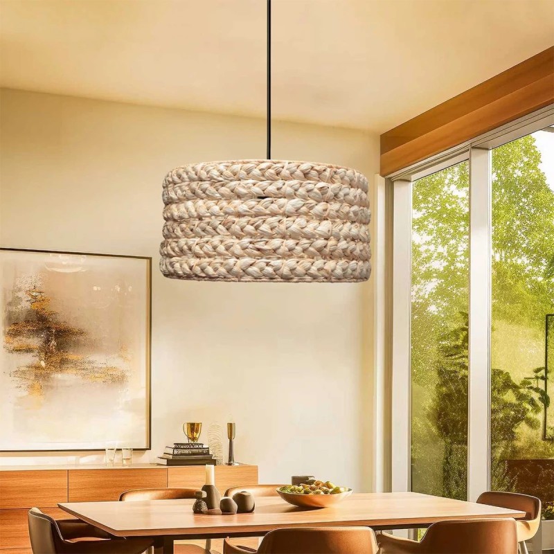 GloboStar® POMEGRANDE 204-0161 Boho Κρεμαστό Φωτιστικό Kαπέλο Μονόφωτο 1 x E27 IP20 Μπεζ Rattan - Μ29 x Π29 x Υ15cm