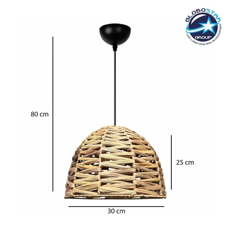 GloboStar® MEKA 204-0165 Boho Κρεμαστό Φωτιστικό Καμπάνα Μονόφωτο 1 x E27 IP20 Μπεζ Rattan - Μ30 x Π30 x Υ25cm