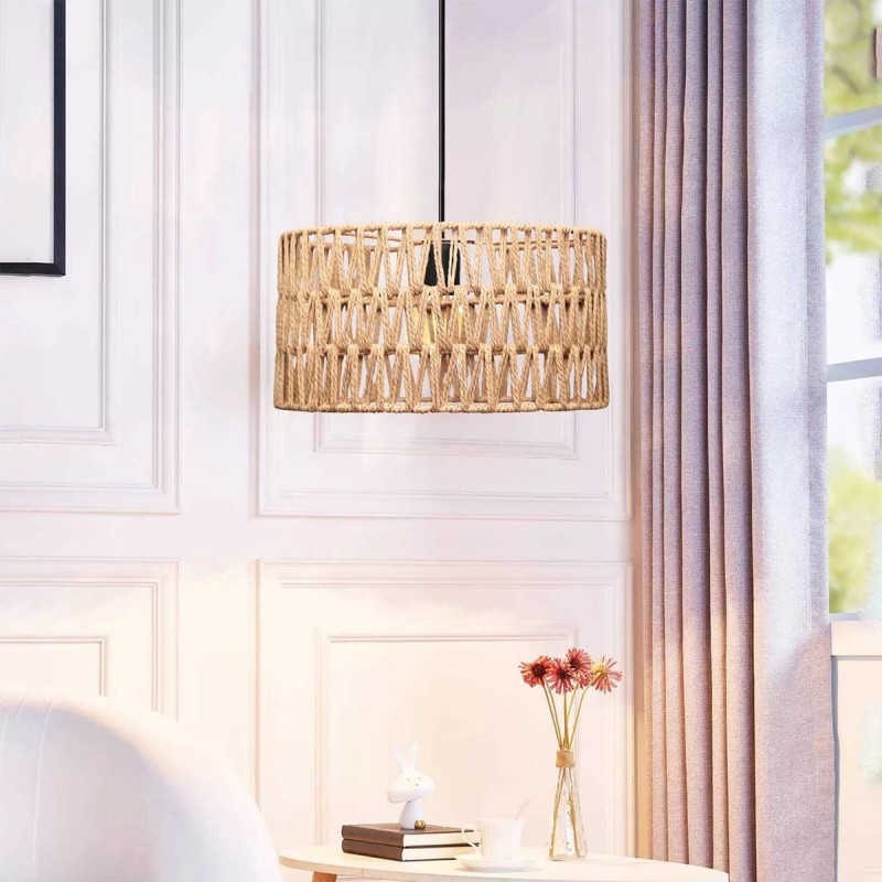 GloboStar® POMEGRANDE 204-0166 Boho Κρεμαστό Φωτιστικό Kαπέλο Μονόφωτο 1 x E27 IP20 Μπεζ Σχοινί - Μ30 x Π30 x Υ15cm