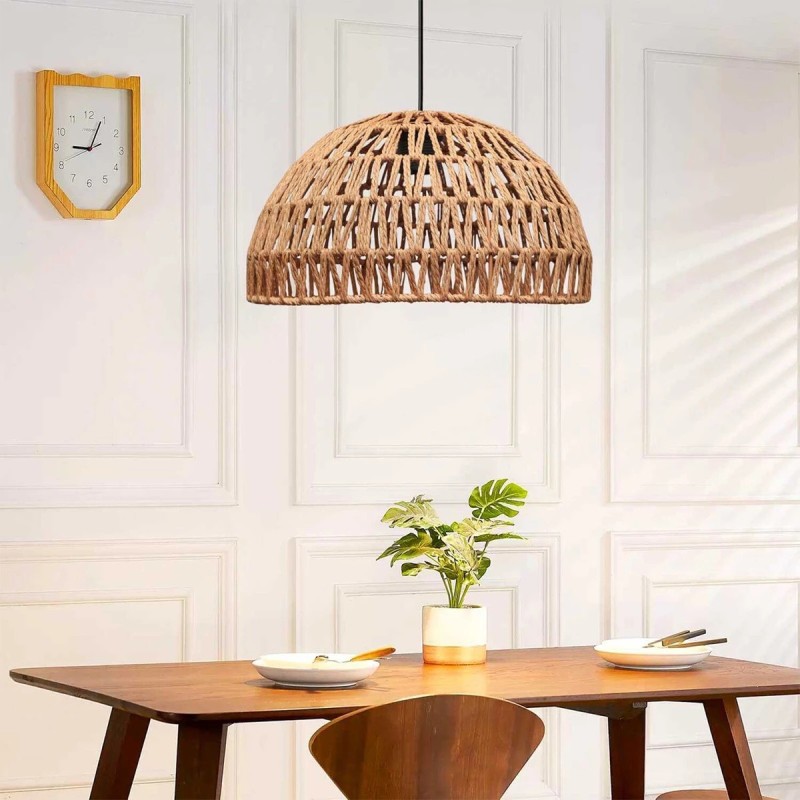 GloboStar® SAND 204-0167 Boho Κρεμαστό Φωτιστικό Καμπάνα Μονόφωτο 1 x E27 IP20 Μπεζ Σχοινί - Μ29 x Π29 x Υ16cm