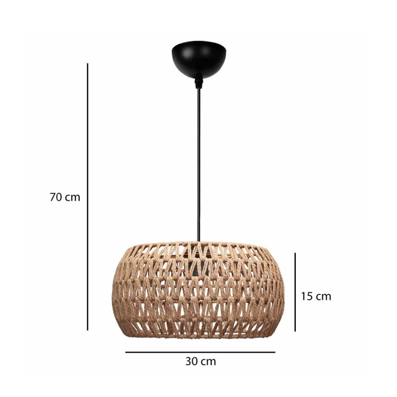 GloboStar® DARIO 204-0168 Boho Κρεμαστό Φωτιστικό Kαπέλο Μονόφωτο 1 x E27 IP20 Καφέ Σχοινί - Μ30 x Π30 x Υ15cm