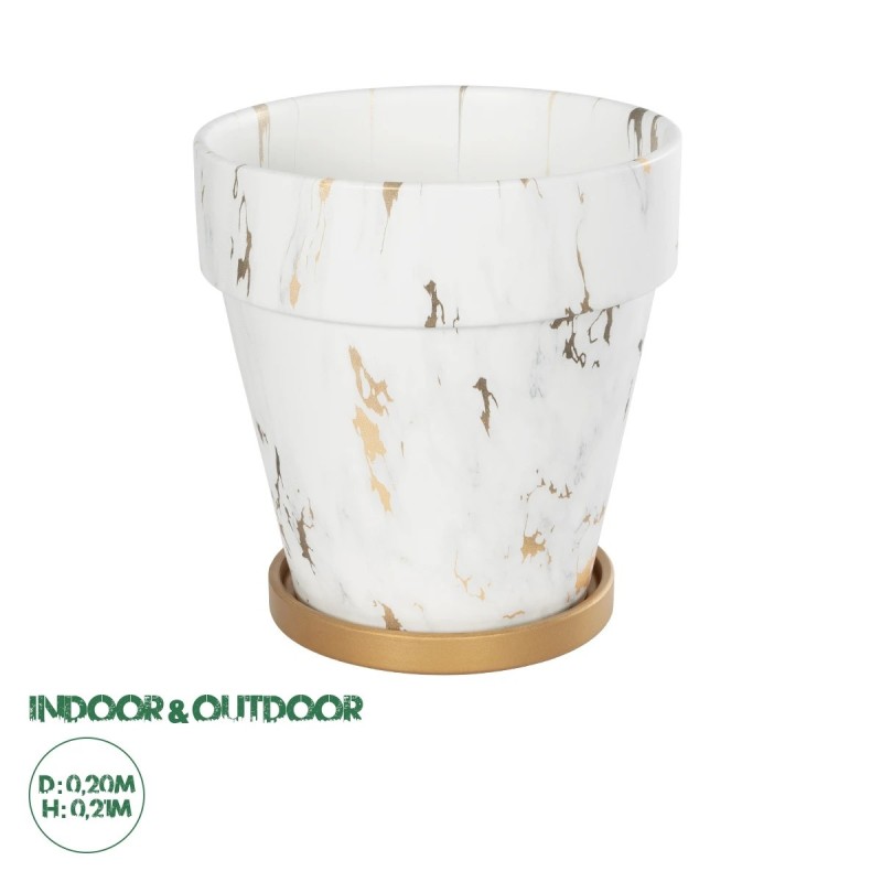 GloboStar® Artificial Garden DENPASAR 20526 Διακοσμητική Κεραμική Γλάστρα Λευκή με Χρυσό Μ20 x Π20 x Υ21 cm