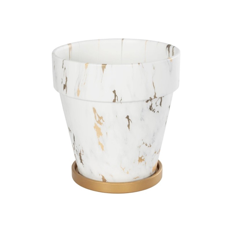GloboStar® Artificial Garden DENPASAR 20526 Διακοσμητική Κεραμική Γλάστρα Λευκή με Χρυσό Μ20 x Π20 x Υ21 cm