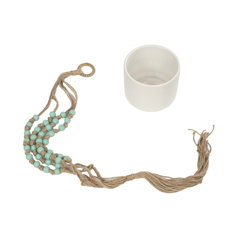 GloboStar® Artificial Garden PUEBLO 20532 Διακοσμητική Κεραμική Γλάστρα Λευκή με Μακραμέ Μ13 x Π13 x Υ12 cm