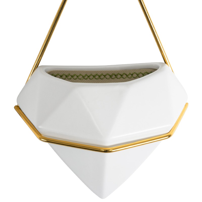 GloboStar® Artificial Garden LOUVRE 20533 Διακοσμητικό Κεραμικό Κασπώ Γλάστρα - Flower Pot Λευκό με Χρυσό Μ15 x Π8 x Υ24cm