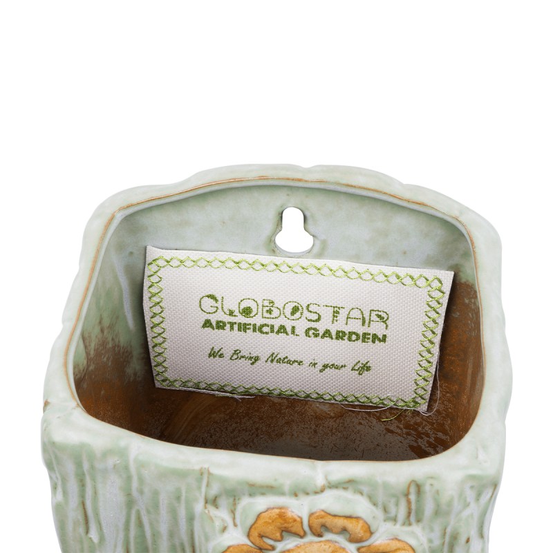GloboStar® Artificial Garden BILBAO 20536 Διακοσμητικό Κεραμική Επιτοίχια Γλάστρα Πράσινη με Μπεζ Λεπτομέρειες Μ13 x Π10  x Υ17cm