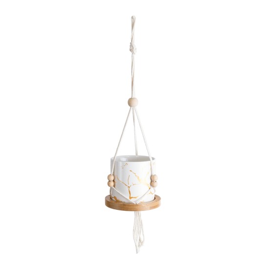 GloboStar® Artificial Garden USBOA 20545 Κρεμαστό Διακοσμητικό Κεραμικό Κασπώ Γλάστρα - Flower Pot Λευκό με Χρυσές Λεπτομέρειες και Μπεζ Ξύλινη Βάση Φ10 x Υ40cm GloboStar® Artificial Garden USBOA 20545 Κρεμαστό Διακοσμητικό Κεραμικό Κασπώ Γλάστρα - Flower Pot Λευκό με Χρυσές Λεπτομέρειες και Μπεζ Ξύλινη Βάση Φ10 x Υ40cm