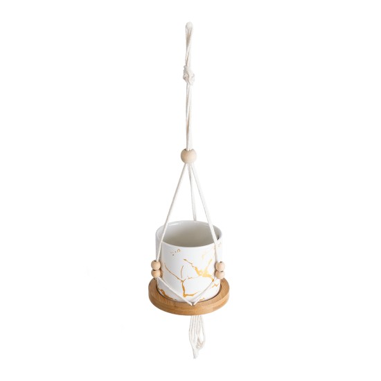 GloboStar® Artificial Garden USBOA 20545 Κρεμαστό Διακοσμητικό Κεραμικό Κασπώ Γλάστρα - Flower Pot Λευκό με Χρυσές Λεπτομέρειες και Μπεζ Ξύλινη Βάση Φ10 x Υ40cm GloboStar® Artificial Garden USBOA 20545 Κρεμαστό Διακοσμητικό Κεραμικό Κασπώ Γλάστρα - Flower Pot Λευκό με Χρυσές Λεπτομέρειες και Μπεζ Ξύλινη Βάση Φ10 x Υ40cm