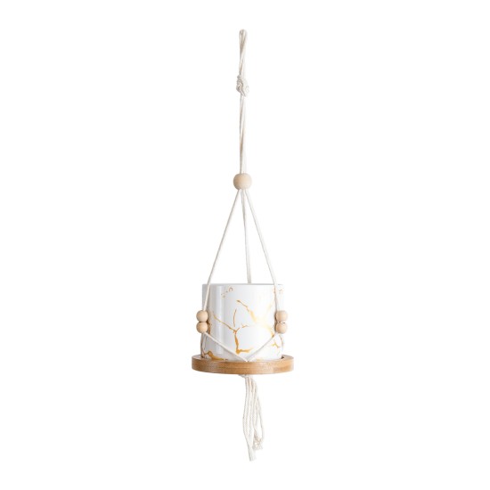 GloboStar® Artificial Garden USBOA 20545 Κρεμαστό Διακοσμητικό Κεραμικό Κασπώ Γλάστρα - Flower Pot Λευκό με Χρυσές Λεπτομέρειες και Μπεζ Ξύλινη Βάση Φ10 x Υ40cm GloboStar® Artificial Garden USBOA 20545 Κρεμαστό Διακοσμητικό Κεραμικό Κασπώ Γλάστρα - Flower Pot Λευκό με Χρυσές Λεπτομέρειες και Μπεζ Ξύλινη Βάση Φ10 x Υ40cm