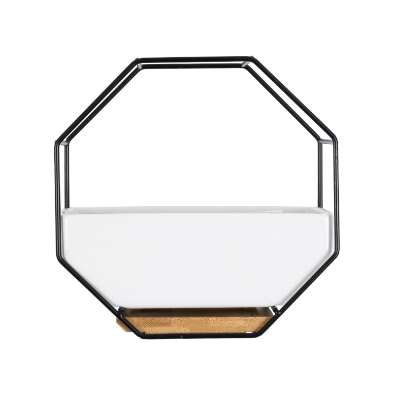 GloboStar® Artificial Garden BIANCO 20557 Διακοσμητικό Κεραμικό Κασπώ Γλάστρα - Flower Pot Λευκό με Μαύρο Μεταλλικό Πλέγμα και Καφέ Ξύλινη Βάση Μ18 x Π10 x Υ18cm