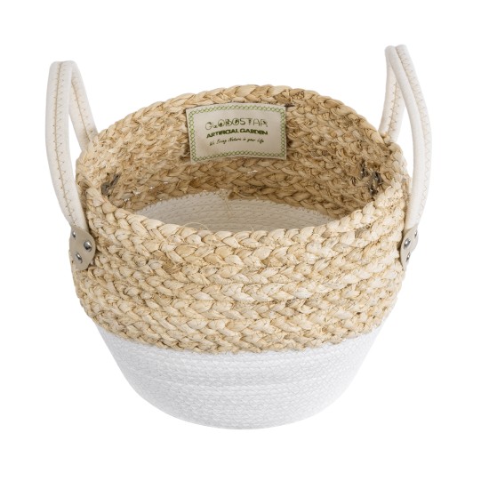 GloboStar® Artificial Garden SANTORINI 20576 Διακοσμητικό Πλεκτό Κασπώ Γλάστρα - Flower Pot Μπεζ με Λευκό Φ28 x Υ24cm GloboStar® Artificial Garden SANTORINI 20576 Διακοσμητικό Πλεκτό Κασπώ Γλάστρα - Flower Pot Μπεζ με Λευκό Φ28 x Υ24cm