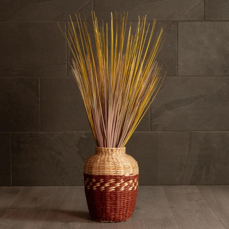 GloboStar® Artificial Garden TOULOUSE 21225 Διακοσμητικό Πλεκτό Καλάθι - Κασπώ Γλάστρα - Flower Pot Μπεζ με Κόκκινο Π25 x M25 x Υ32cm