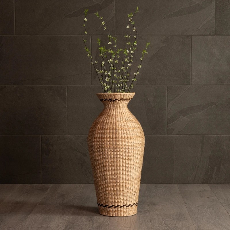 GloboStar® Artificial Garden MONTPELLIER 21237 Διακοσμητικό Πλεκτό Καλάθι - Κασπώ Γλάστρα - Flower Pot Μπεζ με Καφέ Π28 x M28 x Υ60cm