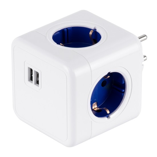 GloboStar® TRAVEL PowerCube PRO Certified 79638 Πολύπριζο 6 Θέσεων με 4 Πρίζες Ασφαλείας Childproof EU Schuko AC 220-240V & 2 Πρίζες USB Max 2.1A/DC 5V Μ7.5 x Π11.5 x Υ7.5 - Λευκό με Μπλε - Max Load 3680W/16A GloboStar® TRAVEL PowerCube PRO Certified 79638 Πολύπριζο 6 Θέσεων με 4 Πρίζες Ασφαλείας Childproof EU Schuko AC 220-240V & 2 Πρίζες USB Max 2.1A/DC 5V Μ7.5 x Π11.5 x Υ7.5 - Λευκό με Μπλε - Max Load 3680W/16A