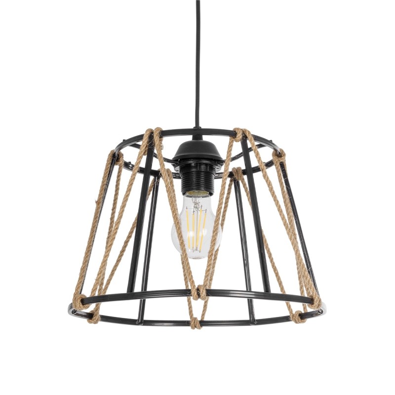 GloboStar® JUTE 203-0090 Μοντέρνο Κρεμαστό Φωτιστικό Σχοινί Μονόφωτο 1 x E27 IP20 Μαύρο Μεταλλό με Μπεζ Σχοινί - Μ30 x Π30 x Υ23cm