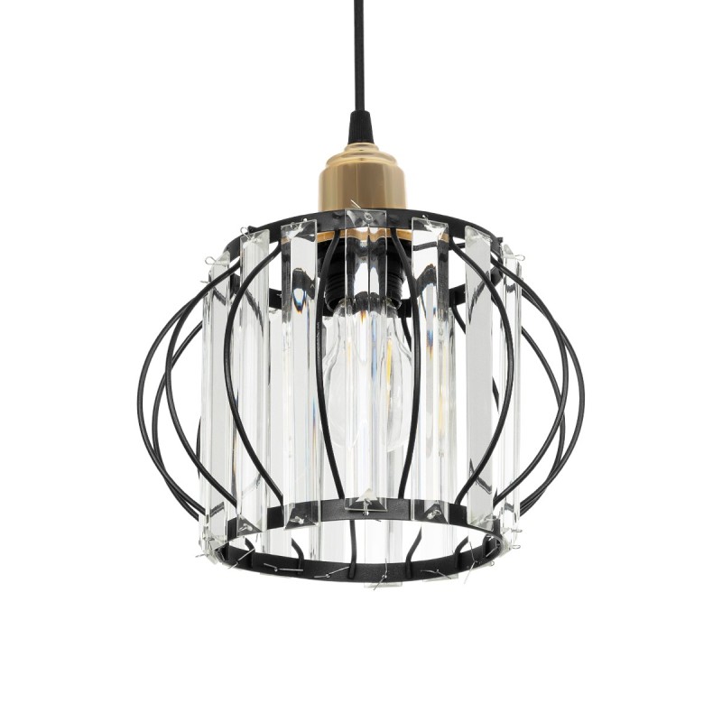 GloboStar® LUCERO 201-0078 Vintage Κρεμαστό Φωτιστικό Πλέγμα Μονόφωτο 1 x E27 IP20 Μαύρο και Χρυσό Μέταλλο με Διάφανο Κρύσταλλο - Μ16 x Π16 x Υ70cm