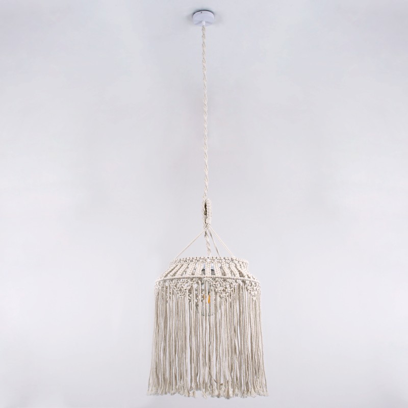 GloboStar® ALGERIA 36202 Μοντέρνο Κρεμαστό Φωτιστικό Μακραμέ Μονόφωτο 1 x E27 IP20 Μπεζ Ύφασμα - Μ40 x Π40 x Υ50cm