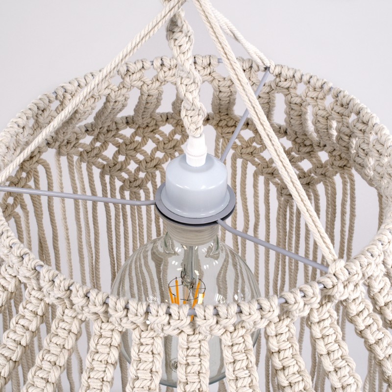 GloboStar® ALGERIA 36202 Μοντέρνο Κρεμαστό Φωτιστικό Μακραμέ Μονόφωτο 1 x E27 IP20 Μπεζ Ύφασμα - Μ40 x Π40 x Υ50cm