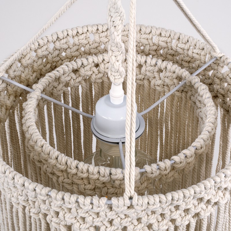 GloboStar® ZAMBIA 36208 Boho Κρεμαστό Φωτιστικό Μακραμέ Μονόφωτο 1 x E27 IP20 Μπεζ Ύφασμα - Μ30 x Π30 x Υ60cm