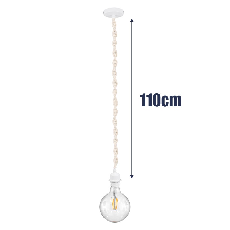 GloboStar® SHAQRA 36215 Μοντέρνο Κρεμαστό Φωτιστικό Μακραμέ Μονόφωτο 1 x E27 IP20 Μπεζ Ύφασμα - Μ4 x Π4 x Υ110cm