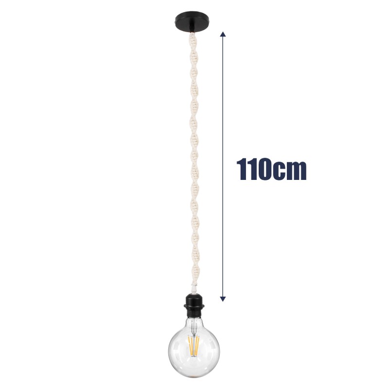 GloboStar® SHAQRA 36216 Μοντέρνο Κρεμαστό Φωτιστικό Μακραμέ Μονόφωτο 1 x E27 IP20 Μπεζ Ύφασμα - Μ4 x Π4 x Υ110cm