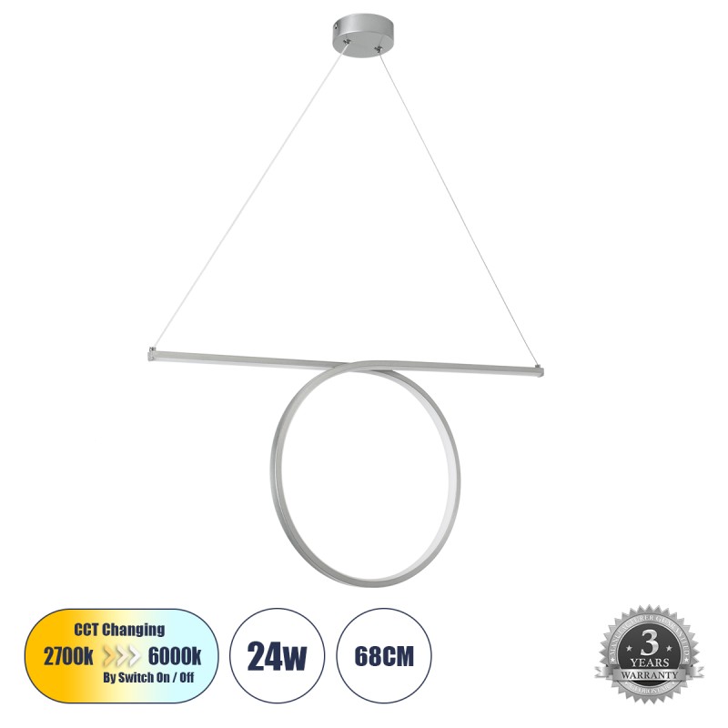 GLOBOSTAR® ROME 61296 Μοντέρνο Κρεμαστό Φωτιστικό Οροφής LED 24W 2640lm 200° AC 220-240V IP20 Ρυθμιζόμενο Λευκό CCT με On/Off 2700K/4500K/6000K - Lumileds SMD Chip - Νίκελ Βούρτσας - Μ65.5 x Π4 x Υ33cm - 3 Χρόνια Εγγύηση