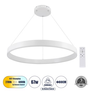 GLOBOSTAR® VENOM 61180 Μοντέρνο Κρεμαστό Φωτιστικό Οροφής LED 67W 7863lm 120° AC 220-240V IP20 Ρυθμιζόμενο Λευκό CCT με Χειριστήριο από 2700K έως 6000K Dimmable - Lumileds SMD Chip - Λευκό Ματ - Μ80 x Π80 x Υ6.5cm - 3 Χρόνια Εγγύηση