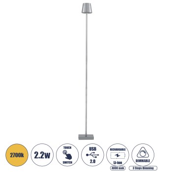 GLOBOSTAR® NEGA 60480 Μοντέρνο Επιδαπέδιο Φωτιστικό LED 2.2W 154lm 360° DC 5V με USB 2.0 με Επαναφορτιζόμενη Μπαταρία Li-ion 3.7V 4000mAh IP44 Θερμό Λευκό 2700K με Αφή Dimmable - Lumileds SMD Chip - Ασημί - Μ10 x Π10 x Υ135cm - 2 Χρόνια Εγγύηση