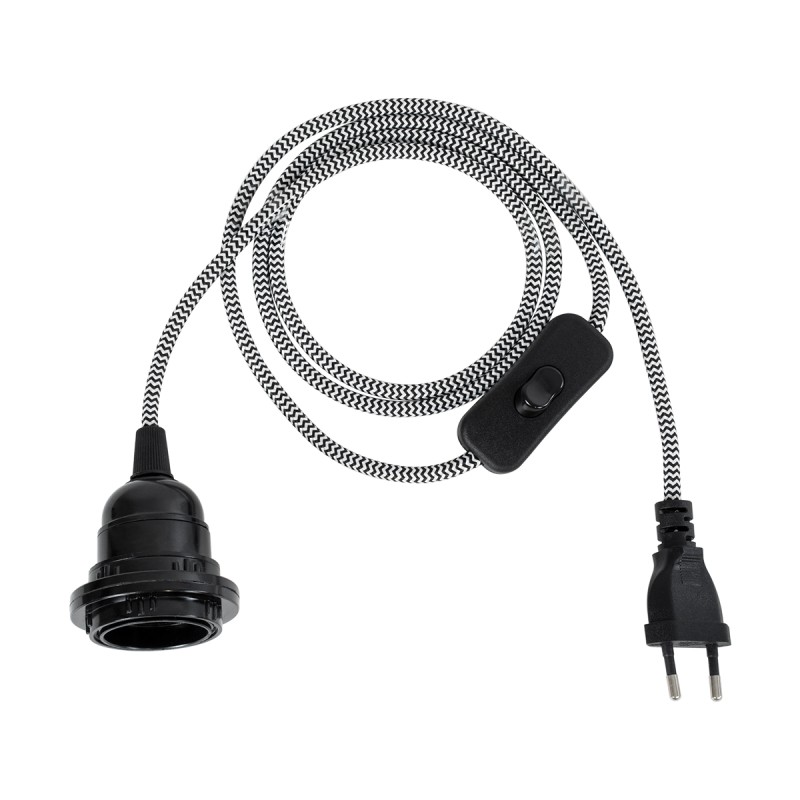 GloboStar® 77668 Μοντέρνο Κρεμαστό Φωτιστικό Ανάρτηση Μονόφωτο 1 x E27 IP2 Μαύρο & Άσπρο Ύφασμα με Μαύρο Πλαστικό - Μ5.8 x Π5.8 x Υ140cm