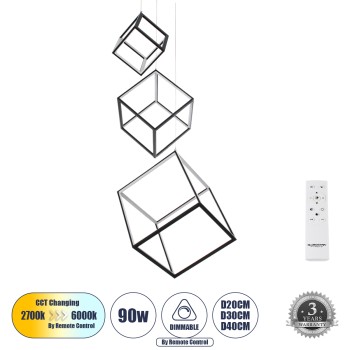 GLOBOSTAR® KIBOO-TRIO 60931 Μοντέρνο Κρεμαστό Φωτιστικό Οροφής LED 90W 10350lm 360° AC 220-240V IP20 Ρυθμιζόμενο Λευκό CCT με Χειριστήριο από 2700K έως 6000K Dimmable - Lumileds SMD Chip - Μαύρο Ματ - Μ60 x Π60 x Υ80cm - 3 Χρόνια Εγγύηση
