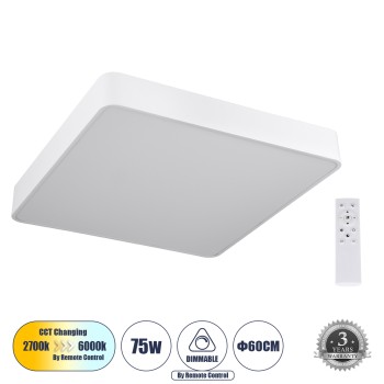 GLOBOSTAR® KAMALA 61209-S Μοντέρνο Φωτιστικό Οροφής LED 75W 8625lm 120° AC 220-240V IP20 Ρυθμιζόμενο Λευκό CCT με Χειριστήριο από 2700K έως 6000K Dimmable - Lumileds SMD Chip - Λευκό Ματ - Μ60 x Π60 x Υ8cm - 3 Χρόνια Εγγύηση