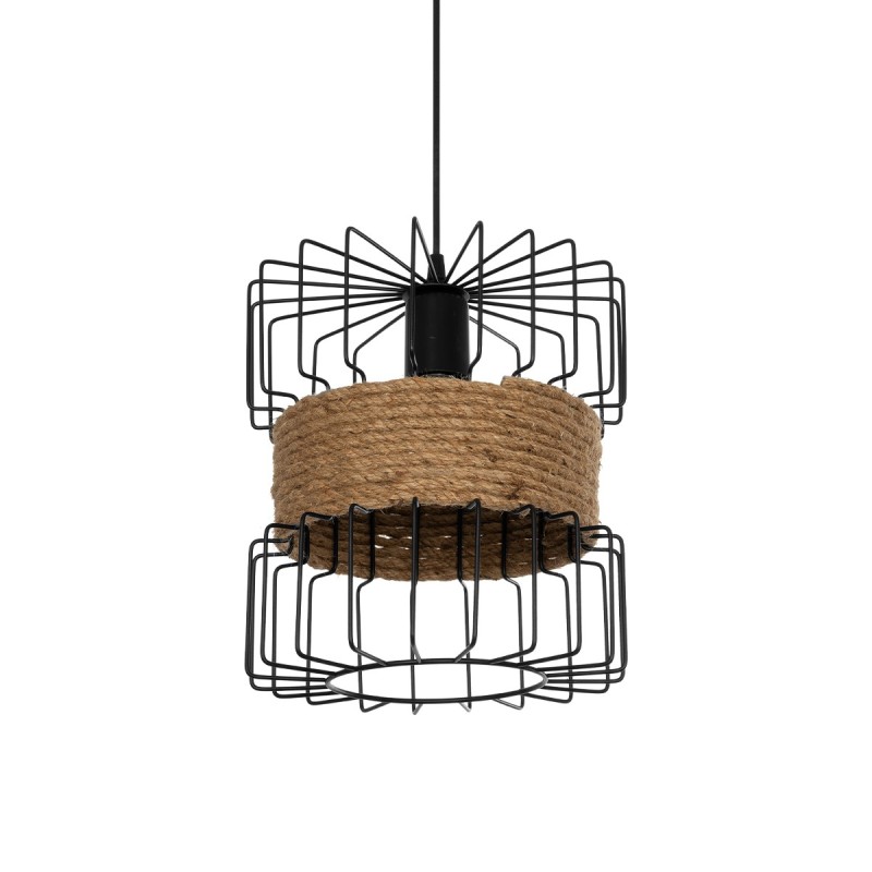 GloboStar® ORB 201-0096 Vintage Κρεμαστό Φωτιστικό Πλέγμα Μονόφωτο 1 x E27 IP20 Μαύρο Μέταλλο με Μπεζ Σχοινί - Μ28 x Π28 x Υ80cm