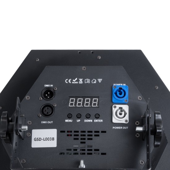 GloboStar® 51201 HALO HEXA Επαγγελματικό Φωτιστικό Ειδικών Εφέ DIGITAL MATRIX PIXEL & Blinder - 3 x 80W LED COB Chips Ultra Gold Warm White 2200K & 30 x 0.5W LED SMD5050 Chips RGB - AC 220V-240V DMX512 Display on Body - Μαύρο - Μ38 x Π38 x Υ22cm -