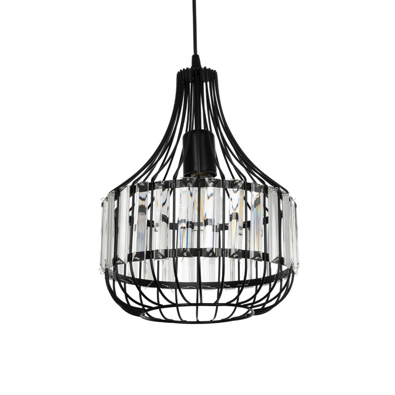 GloboStar® LUMAON 201-0081 Vintage Κρεμαστό Φωτιστικό Πλέγμα Μονόφωτο 1 x E27 IP20 Μαύρο Μέταλλο με Διάφανο Κρύσταλλο - Μ28 x Π28 x Υ80cm