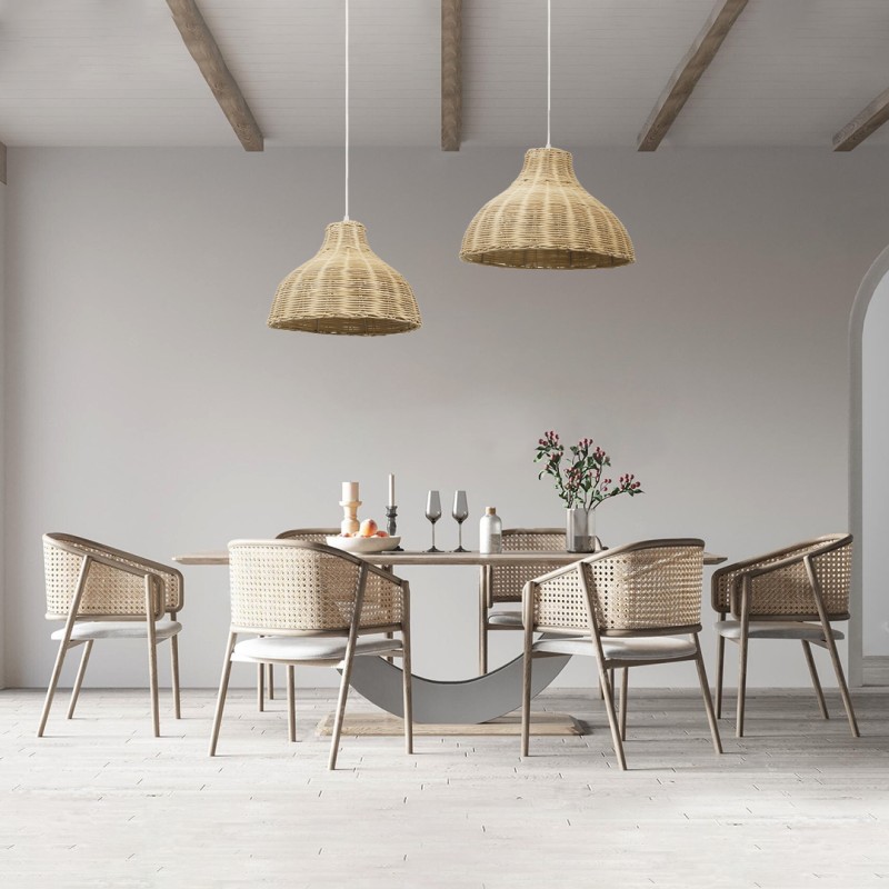 GloboStar® MAYOTTE 00724 Boho Κρεμαστό Φωτιστικό Καμπάνα Μονόφωτο 1 x E27 IP20 Μπεζ Ξύλο - Μ40 x Π40 x Υ28cm