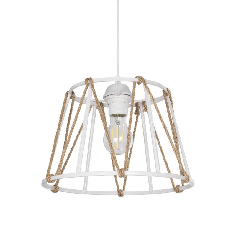 GloboStar® JUTE 203-0091 Μοντέρνο Κρεμαστό Φωτιστικό Σχοινί Μονόφωτο 1 x E27 IP20 Λευκό Μεταλλό με Μπεζ Σχοινί - Μ30 x Π30 x Υ23cm