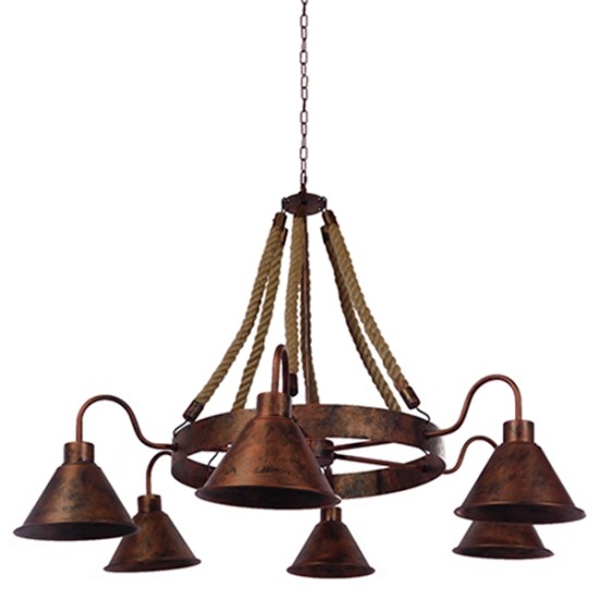 GLOBOSTAR® CAMELOT 01191 Vintage Κρεμαστό Φωτιστικό Οροφής με Ντουί 6 x E27 AC 220-240V IP20 - Χάλκινο & Μπεζ - Μ92 x Π92 x Υ118cm