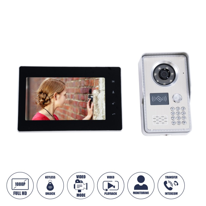 GloboStar® 86061 Σετ Θυροτηλεόρασης με Έγχρωμη Οθόνη Αφής 7 και Κάμερα 1080P HD & 4 Επαγωγικά Κλειδιά για Ηλεκτρονικές Κλειδαριές - Μαύρο - Ασημί