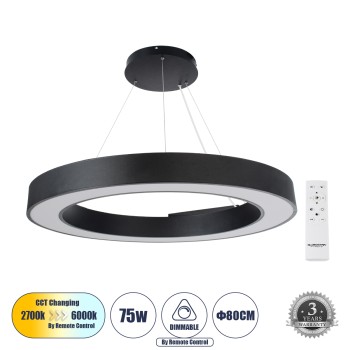 GLOBOSTAR® RA 61196 Μοντέρνο Κρεμαστό Φωτιστικό Οροφής LED 75W 8250lm 120° AC 220-240V IP20 Ρυθμιζόμενο Λευκό CCT με Χειριστήριο από 2700K έως 6000K Dimmable - Lumileds SMD Chip - Μαύρο Ματ - Μ80 x Π80 x Υ8cm - 3 Χρόνια Εγγύηση