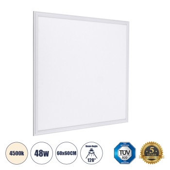 GLOBOSTAR® PANELETI 60210 Χωνευτό Panel Οροφής 60x60 LED 48W 4560lm 120° UGR<19 AC 220-240V IP20 Φυσικό Λευκό 4500K - Lumileds SMD Chip & TÜV SÜD Driver - Λευκό Γαλακτερό - Μ60 x Π60 x Υ1.5cm / Q56 x 56cm - 5 Χρόνια Εγγύηση