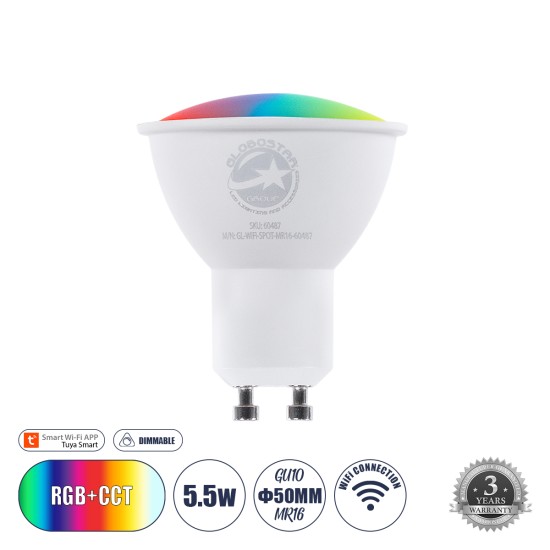 GloboStar® 60487 Έξυπνο Σποτ LED GU10 MR16 Smart Home Wifi 5.5W 550lm 120° AC 220-240V IP20 Φ5 x Υ6.5cm RGB+CCT - Εναλλαγή Φωτισμού & Dimming μέσω Εφαρμογής Tuya - Bridgelux Chip - 3 Χρόνια Εγγύηση GloboStar® 60487 Έξυπνο Σποτ LED GU10 MR16 Smart Home Wifi 5.5W 550lm 120° AC 220-240V IP20 Φ5 x Υ6.5cm RGB+CCT - Εναλλαγή Φωτισμού & Dimming μέσω Εφαρμογής Tuya - Bridgelux Chip - 3 Χρόνια Εγγύηση
