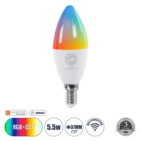 GloboStar® 60488 Έξυπνη Λάμπα LED E14 C37 Κεράκι Smart Home Wifi 5.5W 550lm 260° AC 220-240V IP20 Φ3.7 x Υ11cm RGB+CCT - Εναλλαγή Φωτισμού & Dimming μέσω Εφαρμογής Tuya - Bridgelux Chip - 3 Χρόνια Εγγύηση GloboStar® 60488 Έξυπνη Λάμπα LED E14 C37 Κεράκι Smart Home Wifi 5.5W 550lm 260° AC 220-240V IP20 Φ3.7 x Υ11cm RGB+CCT - Εναλλαγή Φωτισμού & Dimming μέσω Εφαρμογής Tuya - Bridgelux Chip - 3 Χρόνια Εγγύηση